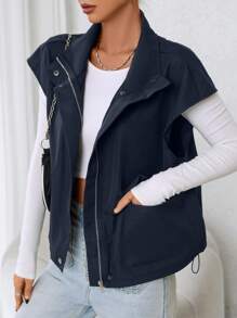 SHEIN EZwear 女士纯色前扣前拉链口袋简约夹克，秋冬日常休闲 - 藏蓝色 - 查看 3