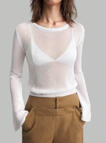 Ontre Jersey básico de cuello redondo de manga larga para mujer, blanco - Blanco - Ver 4