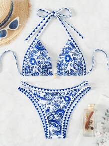 SHEIN Swim Summer Beach Women's Blue Printed Halter Neck Bikini Set - Blue and White - View 7