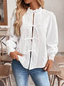 SHEIN Frenchy Blusa de manga larga con corbata delantera bordada para mujer