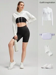 GLOWMODE Áo ngực thể thao FeatherFit™ & Bộ quần đùi 8'' Áo ngực quây sau lưng có túi hông cao Quần short dành cho người đi xe đạp Quần short tác động thấp Yoga Chạy bộ hàng ngày Tập thể dục mùa hè - màu đen - Xem 9