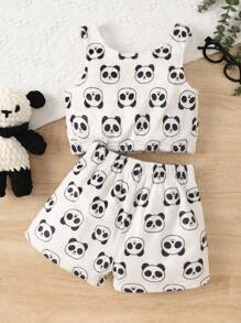 SHEIN 2 piezas Conjunto de pijama cómodo con chaleco y pantalones cortos estampado de panda de franela para niñas, otoño e invierno