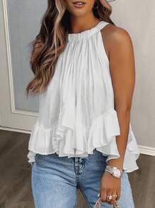 Slaydiva Top estilo dulce de playa holgado para vacaciones / citas / uso diario con dobladillo de volante y diseño de cuello halter, tela de gasa blanca - C