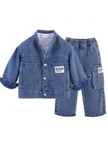 2pcs/Set Young Girls Button Front Long Sleeve Blouse And Long Pants Outfit
