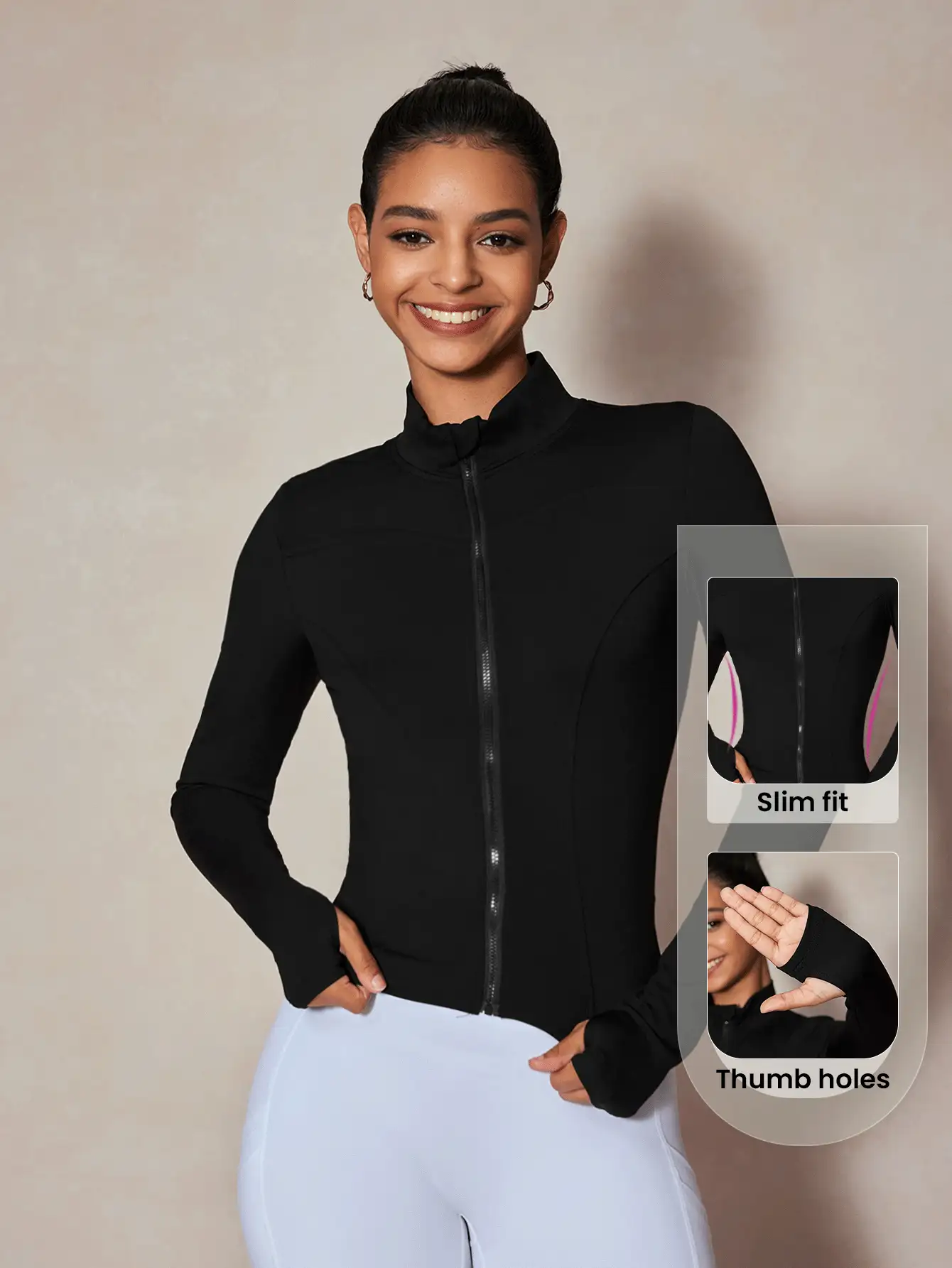 SHEIN Sports Chaqueta deportiva de manga larga con cremallera y cuello alto de color liso - Negro - Ver 3