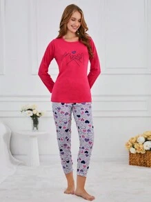 RueChic Conjunto de pijama de 2 piezas 100% algodón peinado con estampado de promesa en la parte superior de manga larga y estampado de corazón en la Bottom larga
