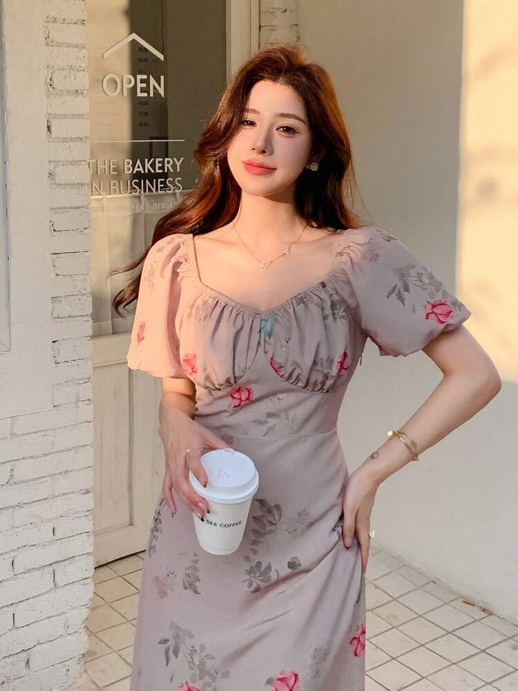 Women's Floral Print Square Neck Short Sleeve Midi Dress,Milkmaid Dress Sundress