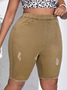 SHEIN SXY Shorts Denim Casuais Simples e Lisos para Mulheres Plus Size - Caqui - Visão 4