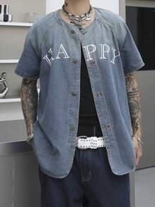 Manfinity Roghcode Men's Button Down Short Sleeve Ombre Letter Print Casual Denim Shirt - Blue - View 1