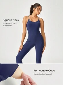 GLOWMODE 26" FeatherFit™ U-Back Tummy Control Pocket Adjustable Jumpsuit Bodysuit Light Support Low Impact Yoga Studio - Dark Blue - View 2