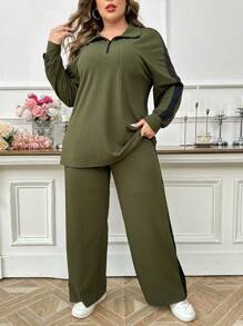 Mulvari 加大码 2 件套拉链色块长袖上衣和直筒宽松休闲裤，舒适四分之一拉链运动服套装 2 件套 - 彩色 - 查看 1