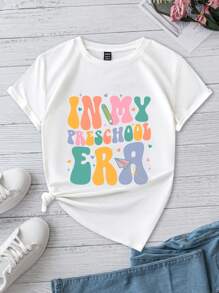 SHEIN LUNE Áo thun nữ cổ tròn tay ngắn, thiết kế tối giản, giản dị, in họa tiết "In My Preschool Era" cỡ lớn, phù hợp cho mùa hè - trắng - Xem 5