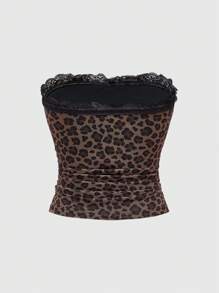 ROMWE J-Fashion Y2K Hot Girl 豹纹抹胸和短裤套装，适合女性和学校 - 棕色 - 查看 8