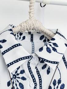 SHEIN LUNE Bộ 2 món Plus Size: Áo sơ mi dài tay in họa tiết và quần đồng màu - màu đen - Xem 5