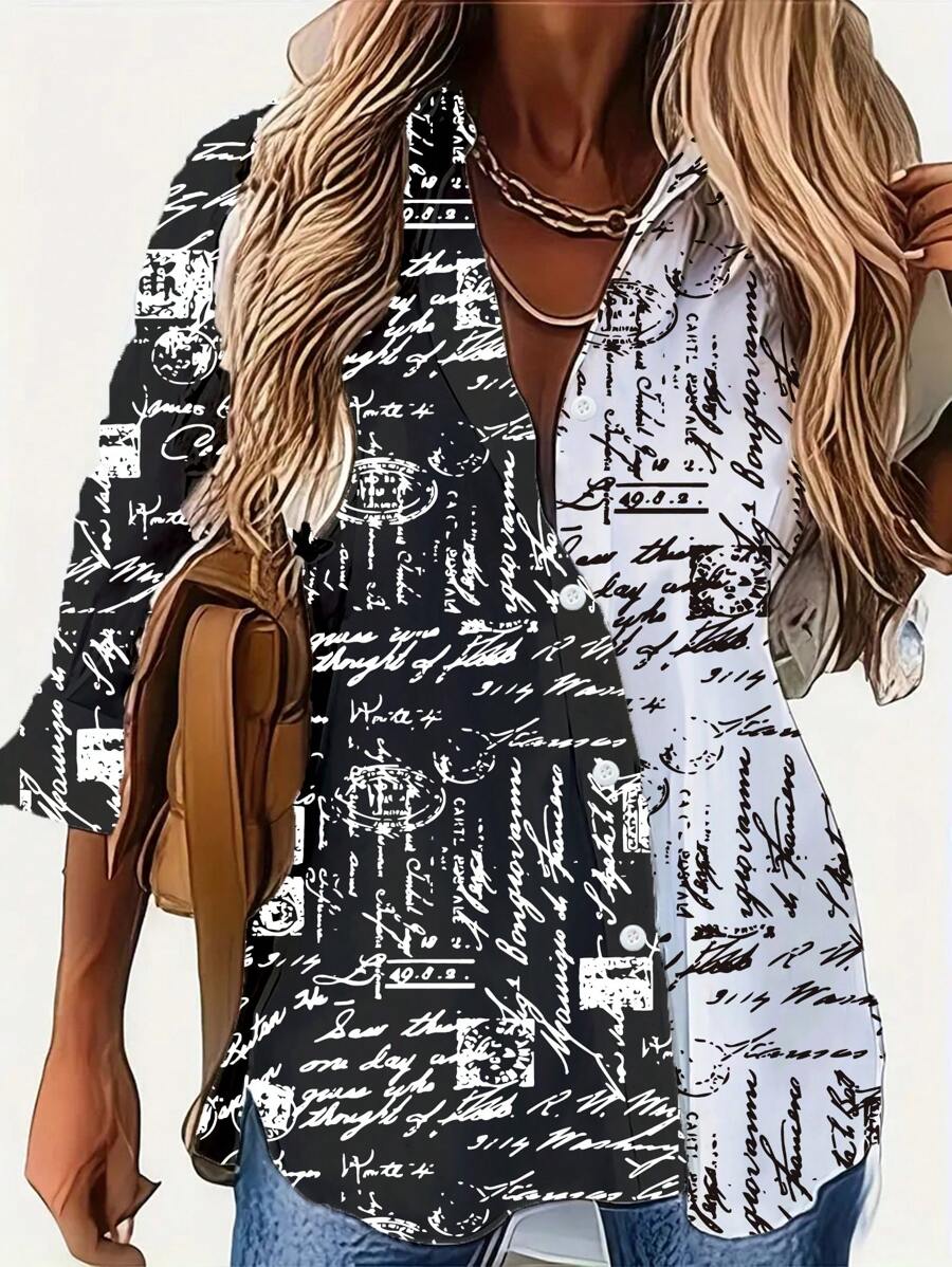 SHEIN LUNE 女士撞色印花简约日常长袖衬衫