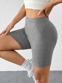 SHEIN PETITE Women's Solid Color Ribbed Short Leggings