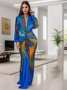 Pleated Women's Clashing Color Long Sleeve Elegant Casual Dresses Festival Summer Birthday Party