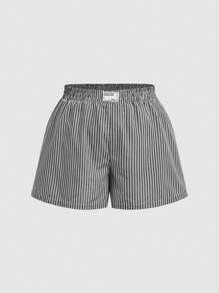 SHEIN MOD Pantalones cortos de verano talla grande con cintura elástica, rayas azules y blancas y decoración con letras - Blanco y Negro - Ver 1