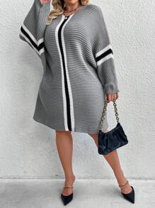 SHEIN CURVE+ Plus Size Striped Knit Sweater Dress, Loose Fit Round Neck Long Sleeve Casual Style, For Winter