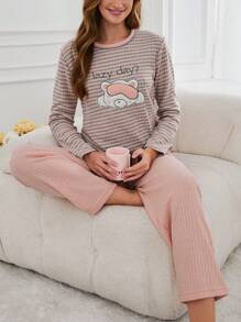 RueChic 100% Cotton 2Pcs  Striped&Embroidry Detail Shirt And Long Bottom Lounge Set - Dusty Pink - View 1