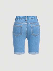 SHEIN 年轻女孩纯色简约牛仔短裤 - 淺色水洗藍 - 查看 2