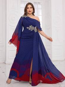 Plus Size Single-Breasted Beaded Decor Modest Long Flare Sleeve Chiffon Dress With Randomly Cut Watercolor Printed Patterns, Waist With Beaded Flower And Sequin Trims, Elegant And Gorgeous Spring - Purple - View 3