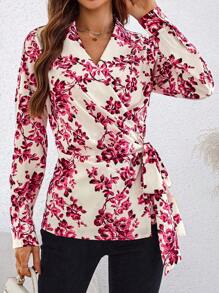 SHEIN Clasi Blusa romántica con cintura ceñida y sobreposición floral para mujeres