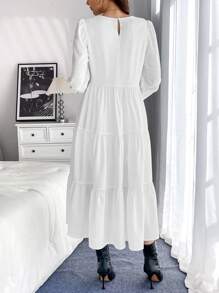 Chiquease 女士宽松圆领拼接长袖荷叶边蛋糕中长连衣裙 - 白色 - 查看 2