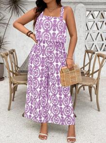 SHEIN Clasi Plus Size In toàn bộ áo liền quần không tay mùa hè có dây đeo rộng - Màu tím - Xem 4