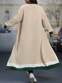 EMERY ROSE Plus Size Women's Colorblock Long Sleeve Pocket Casual Long Cardigan, Fall/Winter , Color Block