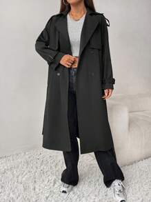 SHEIN PETITE Double Breasted Belted Trench Coat - Black - View 8