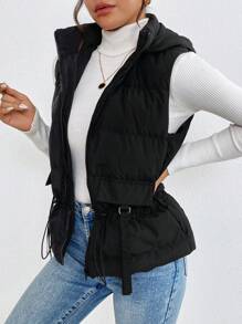 SHEIN Frenchy Veste matelassée à capuche sans manches avec fermeture éclair pour femmes, vêtements d'automne pour femmes, gilet noir - Noir - Voir 3