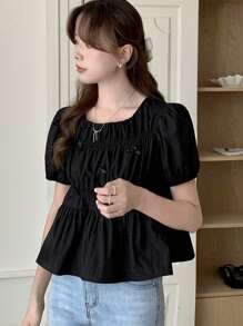 DAZY 女式休闲纯色蝴蝶结装饰泡泡袖衬衫，夏季，荷叶边