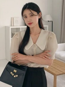 DAZY Women's Solid Color Puff Sleeve Cute Peter Pan Collar T-Shirt, Summer Sheer