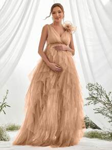 Plunging Neck Sleeveless Mesh Overlay Maternity Prom Party Dress - Champagne - View 1