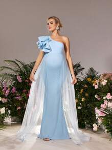 Maternity Elegance One-Shoulder Ruffle Sleeve Gown&Babyshower Dresses With Cascading Side Slit Organza Train & Sculpted Fish-Tail Hem – Sophisticated Baby Shower Dress For Formal Dinners, Bridal Luncheons, Celebratory Receptions, Maternity Galas, And Elegant Ceremonies