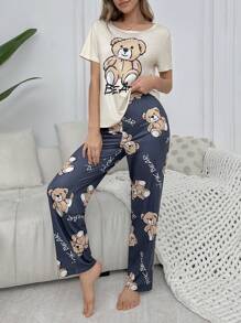 Ensemble T-shirt en peluche d'ours géant imprimé et pantalon de pyjama