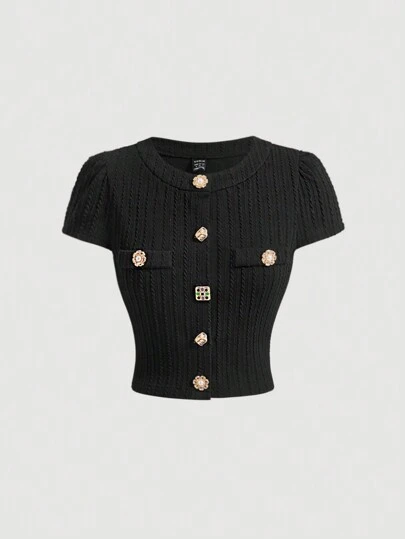 SHEIN MOD 黑色金属纽扣短袖 T 恤、返校服、秋季女式 T 恤、黑色上衣、教师衬衫、女式复古服装、修身衬衫、90 年代时尚、校服、外出服装、学院风女式 T 恤、秋季女式服装、开学第一天、校服、办公室服装、可爱上衣、学院风上衣