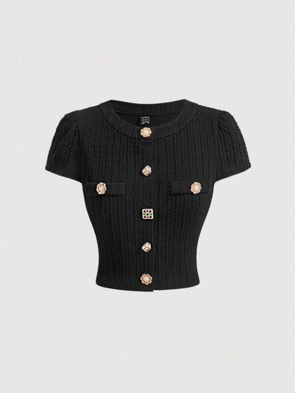 SHEIN MOD Tricou negru cu mânecă scurtă cu nasturi metalice, haine de întoarcere la școală, tricou pentru femei de toamnă, top negru, cămăși pentru profesor, haine vintage pentru femei, cămașă în formă, moda anilor 90, haine de școală, haine pentru ieșiri, tricou pentru femei preppy, femei de toamnă Ținute,Prima zi de școală,Haine de școală,Haine de birou,Maiuri drăguțe pentru școală,Maiuri Preppy