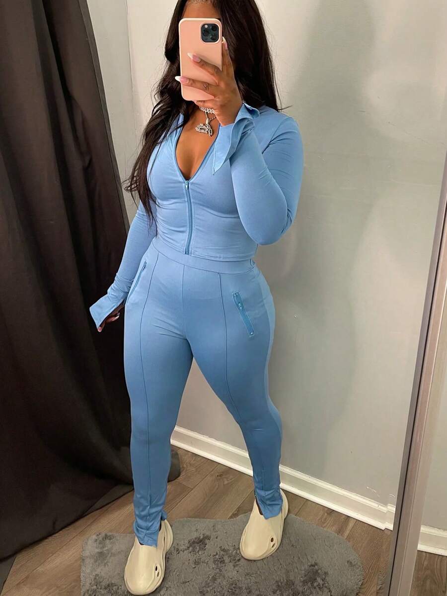 SHEIN Women's Solid Color Zipper Closure Long Sleeve Top And Skinny Pants Two-Piece Set - Baby Blue - View 1