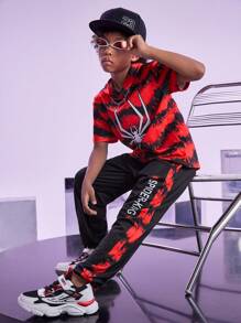 SHEIN Tween男孩蜘蛛印花連帽T恤和字母圖形運動長褲 - 紅色 - 查看 4