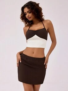 Forever 21 2pcs Women's Coffee Color Contrast Halter Tie-Up Jacquard Knit Top And Mini Skirt Set - Multicolor - View 3