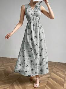 Modelyn Women's V-Neck Sleeveless Butterfly Print Casual Dress, Summer Long Evening Dresses