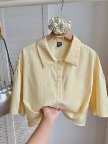 Comfortcana Áo sơ mi dáng rộng sọc vàng thường ngày mùa hè - Màu vàng - Xem 3
