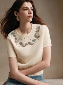 Anewsta Handmade Embroidered & Beaded Knit Top - Apricot - View 7