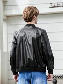 Teen Boys' Solid Color Simple Casual PU Leather Jacket - Black - View 2