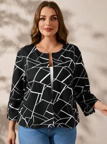 SHEIN Clasi Chaqueta casual delgada de manga larga y apertura frontal con estampados totales y aberturas laterales para tallas grandes