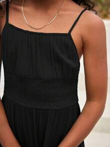 SHEIN Tween Girls' Solid Color Black Split Hem Sleeveless Maxi Casual Dress, Spring Summer - Black - View 6