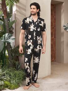 Men's Floral Printed Notch Collar Short Sleeve Shirt And Pants Pajama Set - Black - View 6