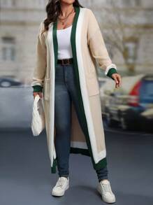 EMERY ROSE Plus Size Women's Colorblock Long Sleeve Pocket Casual Long Cardigan, Fall/Winter , Color Block